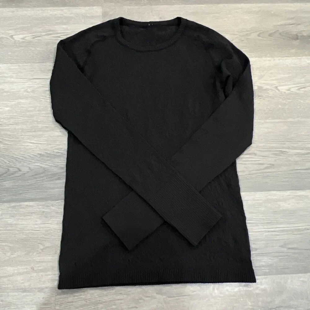 Lululemon Rest Less Pullover Crew Neck Black Textured Long Sleeve Top Size 8-10